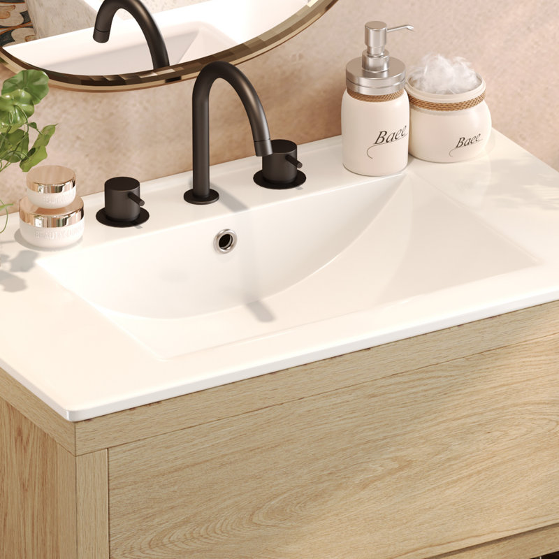 Meuble-lavabo 30 po avec lavabo en céramique et 2 tiroirs pleine extension, meuble-lavabo autoportant avec poignée libre à 45 °, glissières de tiroir à fermeture en douceur