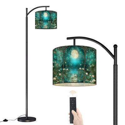  Arc Floor Lamp Forest Pond Water Lilies Fireflies Birds Mystical Night Tall Modern Standing Lamp LED Adjustable Linen Lampshade 3 Color Temperatures