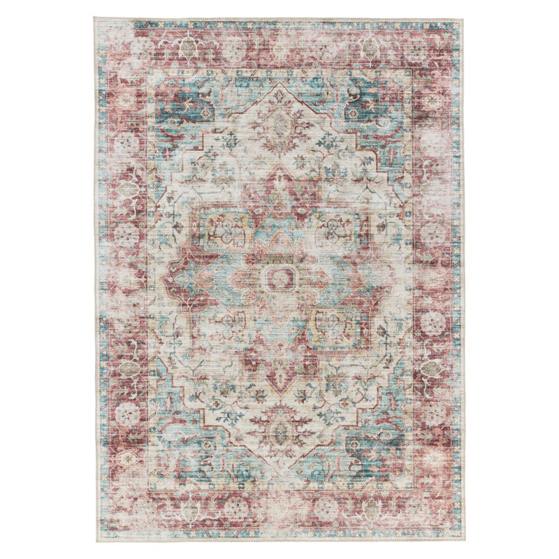 Tapis rouge foncé / bleu sarcelle Mashaunda Performance, Rectangle 5 pi 3 po x 7 pi 6 po