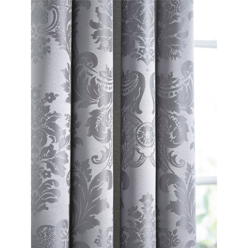 Damask Jacquard Lined Eyelet Curtains Silver Grey, 168 W x 229 D cm