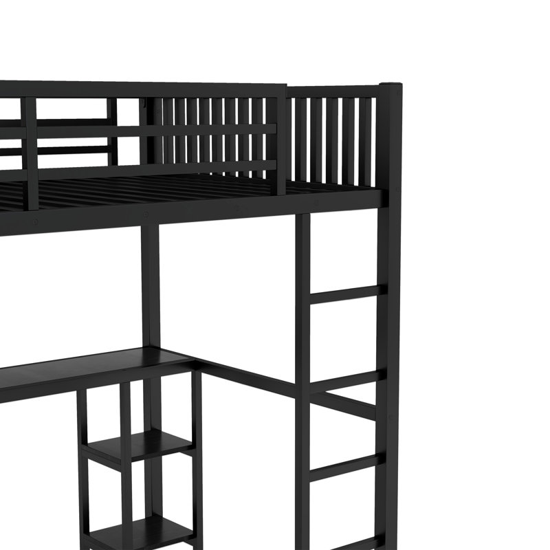 Structure de lit mezzanine avec garde-robe intégrée, lit mezzanine en métal avec bureau et tablettes de rangement, noir