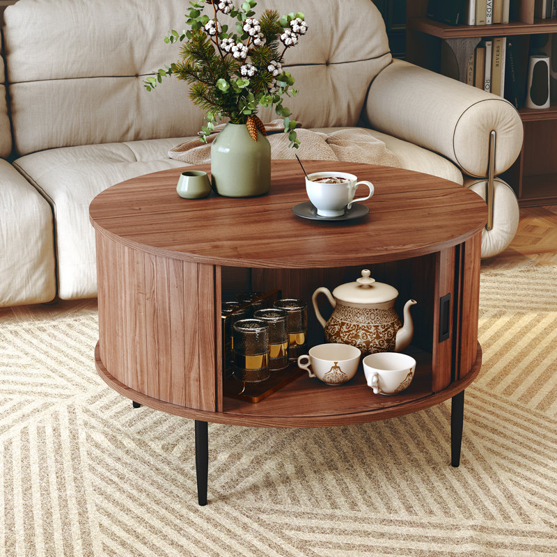 Mid Century Modern Round Coffee Table With Storage and Tambour Door, Brown