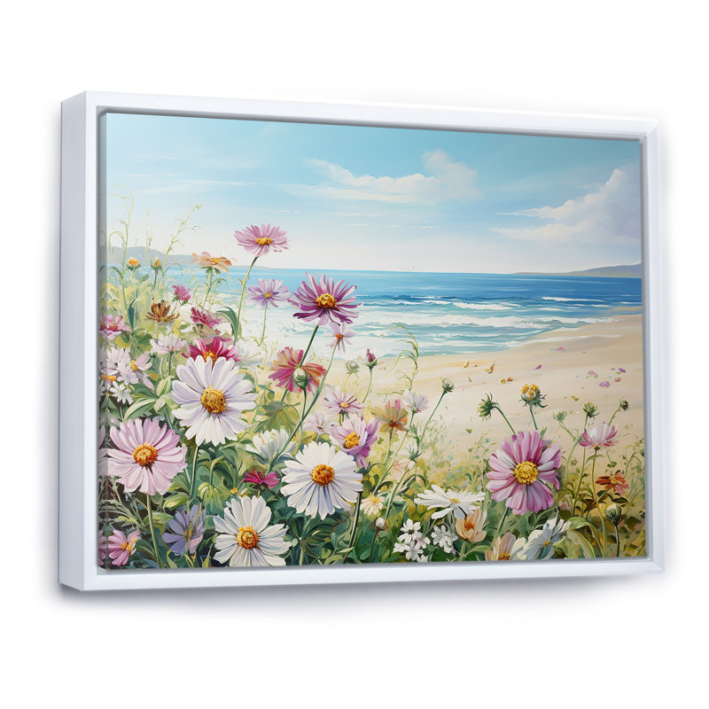 Zinnias sur la plage sur toile, Cadre flottant blanc, H 12 po x l 20 po x P 1 po