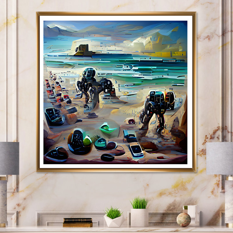 Jeu vidéo Cyber Rock Beach - Décoration murale industrielle en toile, H 16 po x l 16 po x P 1 po, Cadre flottant doré