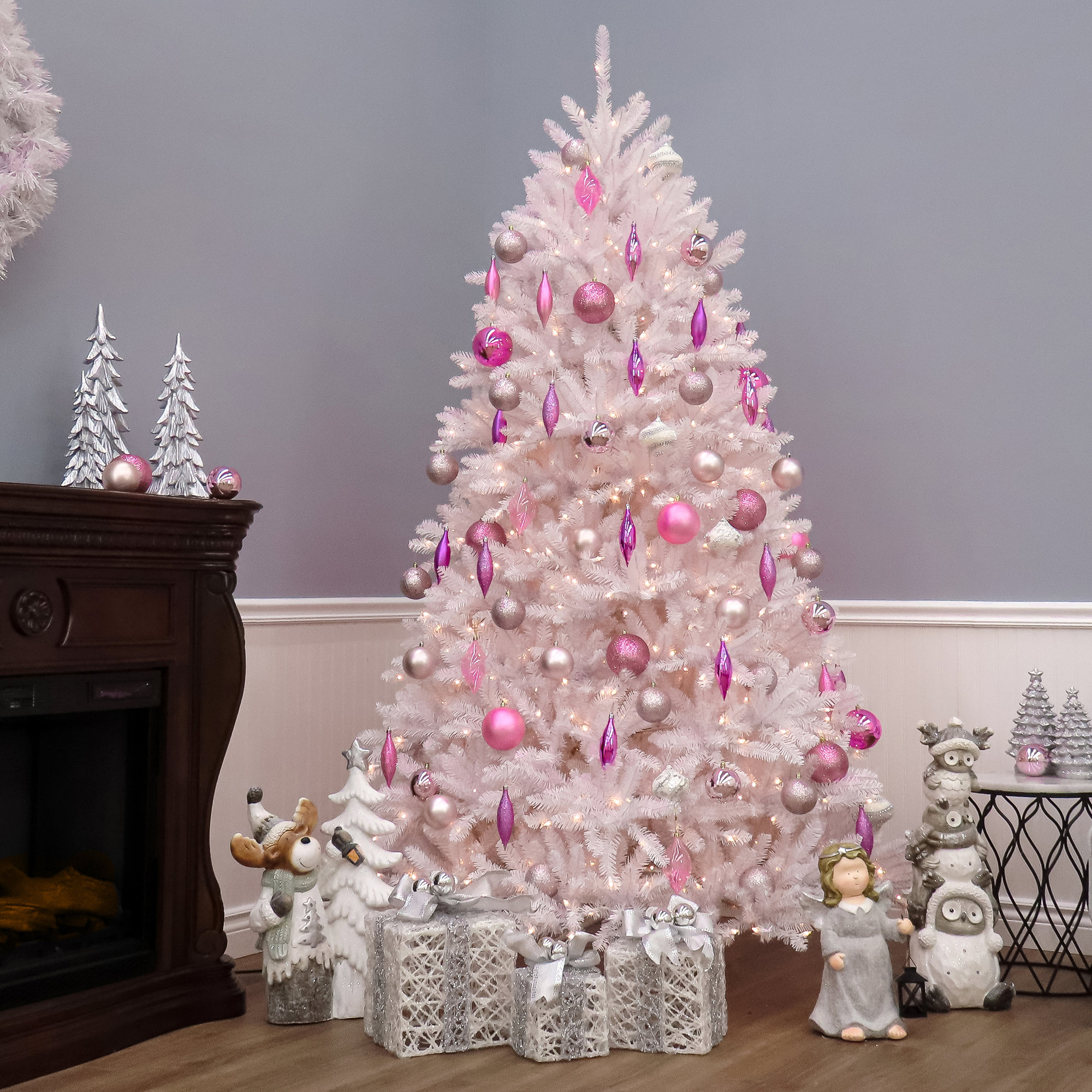 The Holiday Aisle® Dunhill Fir White Tree with Clear Lights, 6.5'