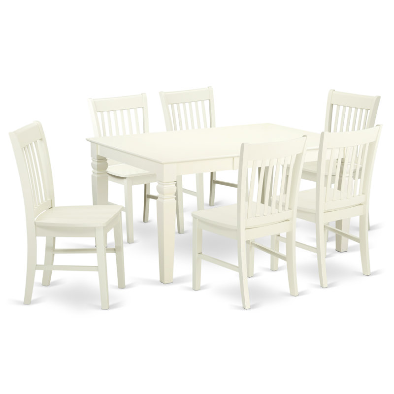 7 Piece Dining Table Set Consist of a Rectangle Wooden Table with Butterfly Leaf and 6 Dining Room Chairs, Linen White