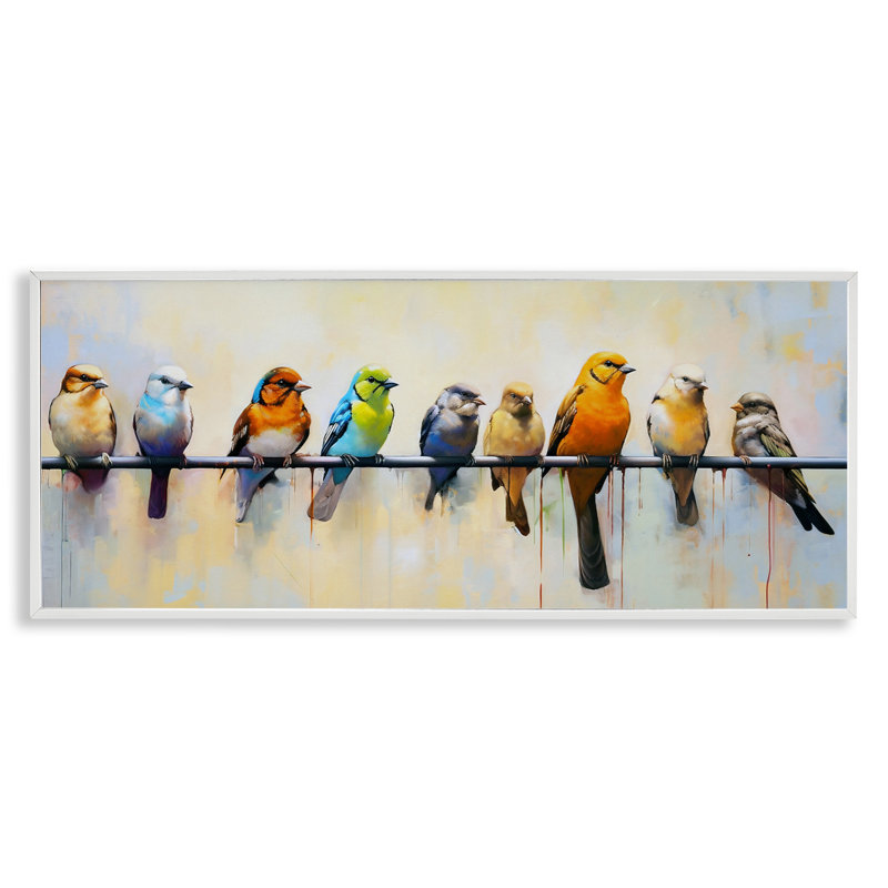 Colorful Birds on Branch Abstract Canvas Print with White Frame