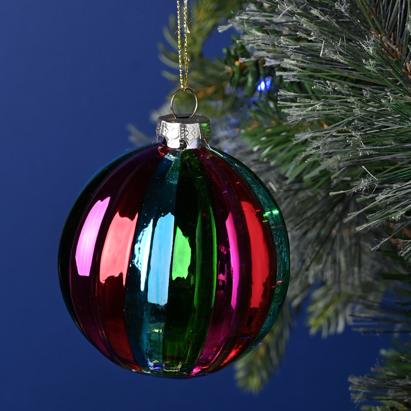 Set of 6 Glass Ribbed Baubles in Rainbow Colours