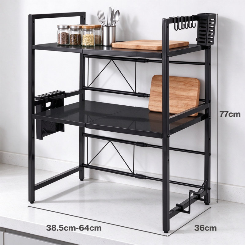 3-Tier Expandable Microwave Shelf, Height & Width Adjustable Black Worktop Organiser with Hooks, Knife Holder, Chopping Board Rack & Cutlery Box for Cluttered Kitchens
