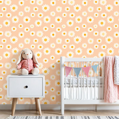 Papier peint autocollant à motif floral naïf boho marguerites blanches pêche style griffonnage ute