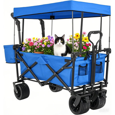 Extra Large Collapsible Wagon W/removable Canopy, 250lbs Foldable Garden Cart W/rear Storage, Big Wheel&adjustable Handles
