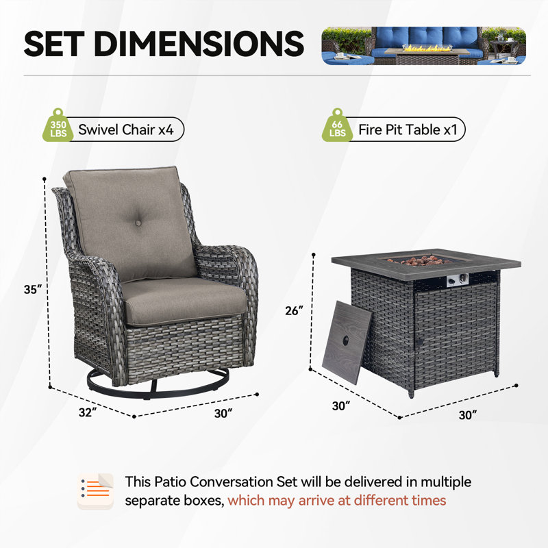Wendye 5-Piece Outdoor Furniture Chair Set, 4 Swivel Chairs & 55K BTU Fire Pit Table, Gray, Gray