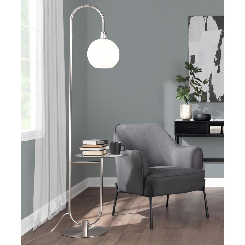 Lampe trombone contemporaine en métal nickel avec tablette en verre transparent