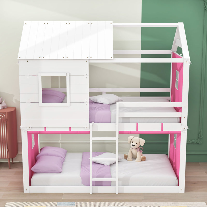 Wood Playhouse Tent Bed Frame With Roof, Simple sur simple, Rose / blanc