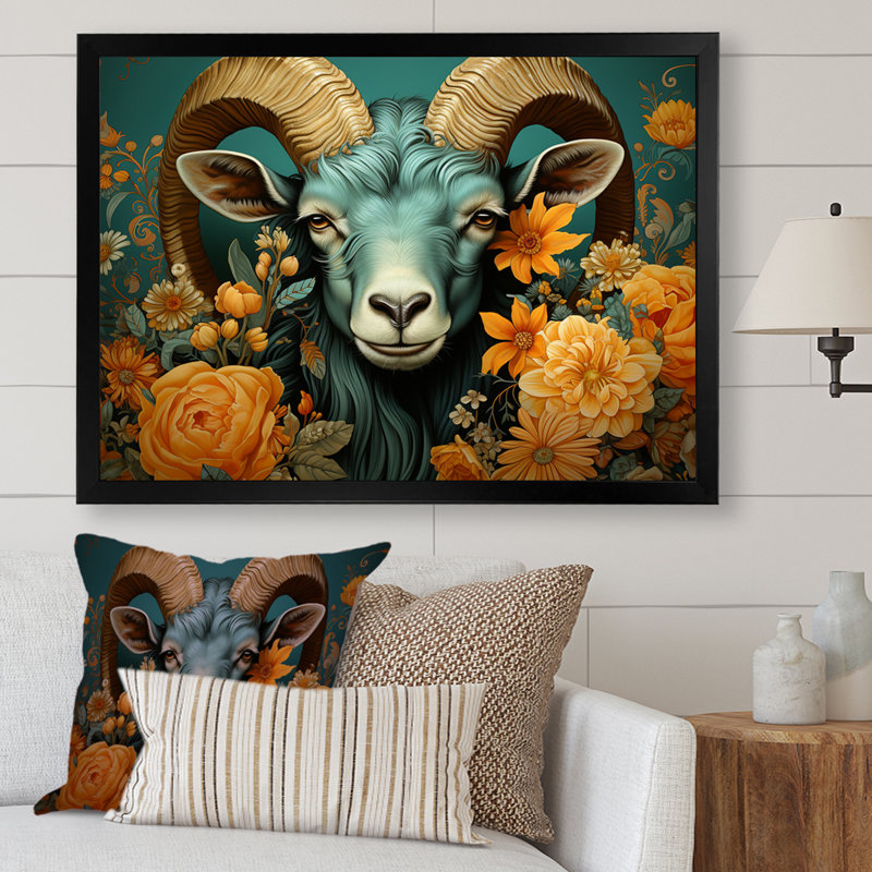 Bleu et orange, chèvre moderne, art mural, Cadre d'angle fermé noir, H 12 po x l 20 po x P 1 po