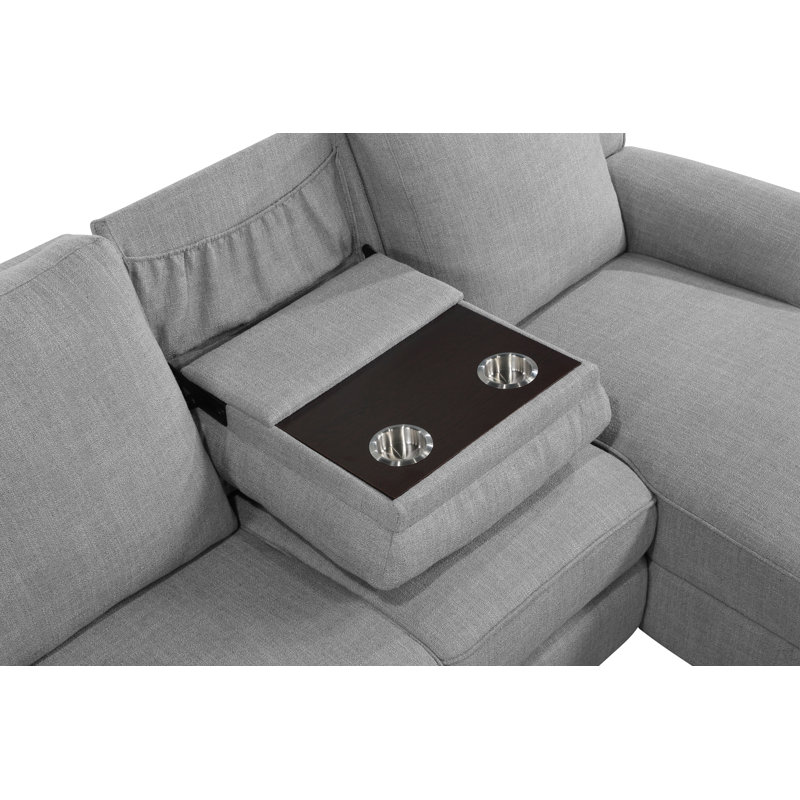 Gray Linen Sectional Sofa With Dropdown Table