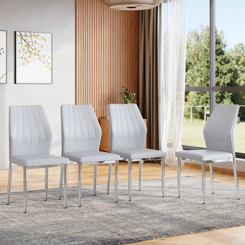 Ensemble de 4 chaises de salle à manger gris clair et argentées, 37 pouces de haut, avec dossier ergonomique en polyuréthane. | Idée de cadeau