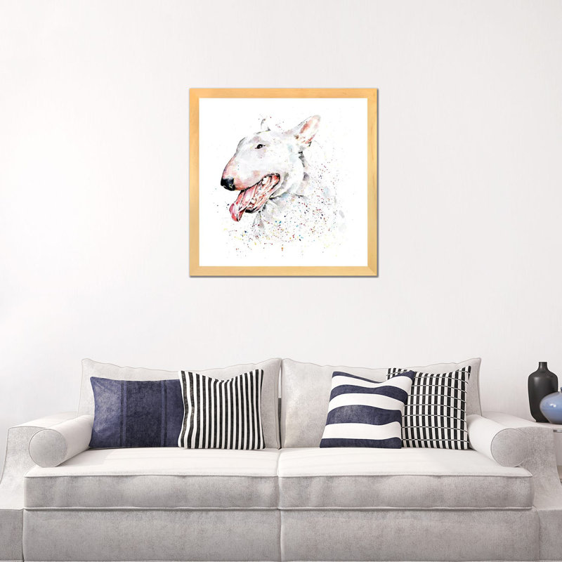 Bull terrier blanc par Edwatercolours-impression, Toile avec cadre en bois beige, Blanc, H 24 po x l 24 po x p 1 po