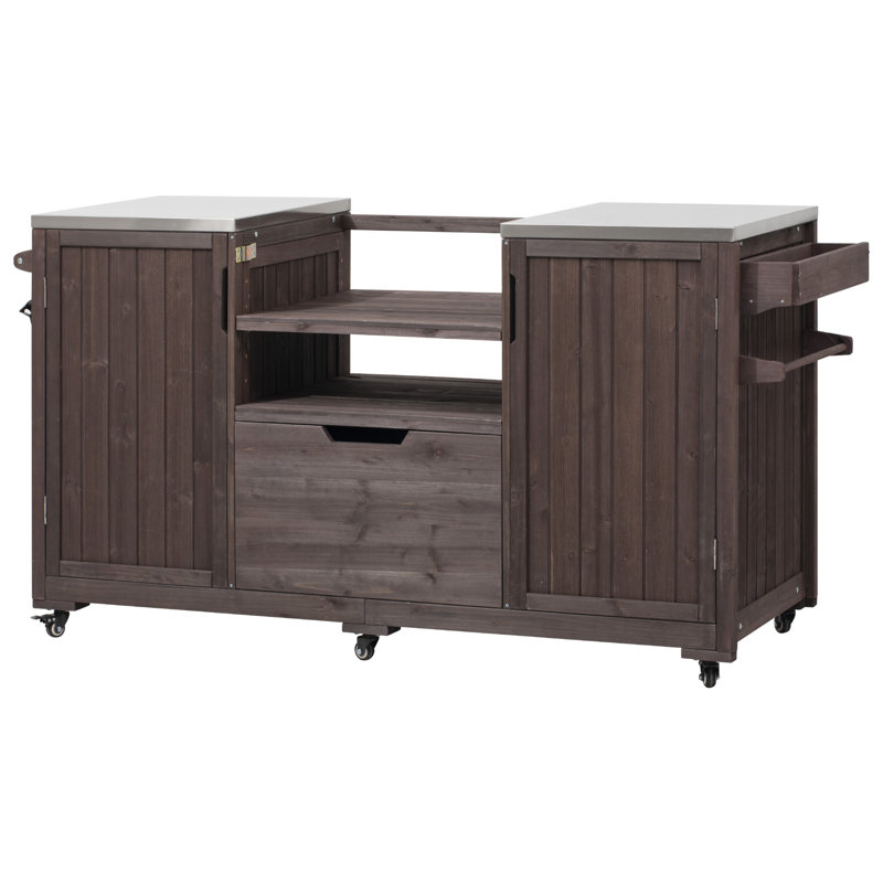 Chariot pour barbecue en bois massif avec plateau en acier inoxydable, Brun