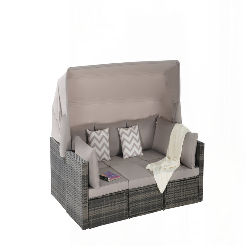 5 Pieces Outdoor Patio Wicker Daybed Furniture Set with Retractable Canopy, Storable Side Table, and Soft Cushions for Relaxing in Your Backyard or Porch