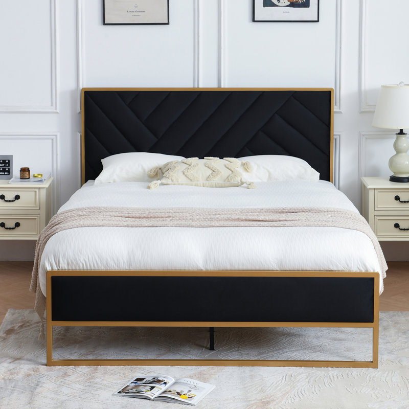 Lit plateforme tapissier Sheila avec tête de lit capitonnée en velours, Double, Noir