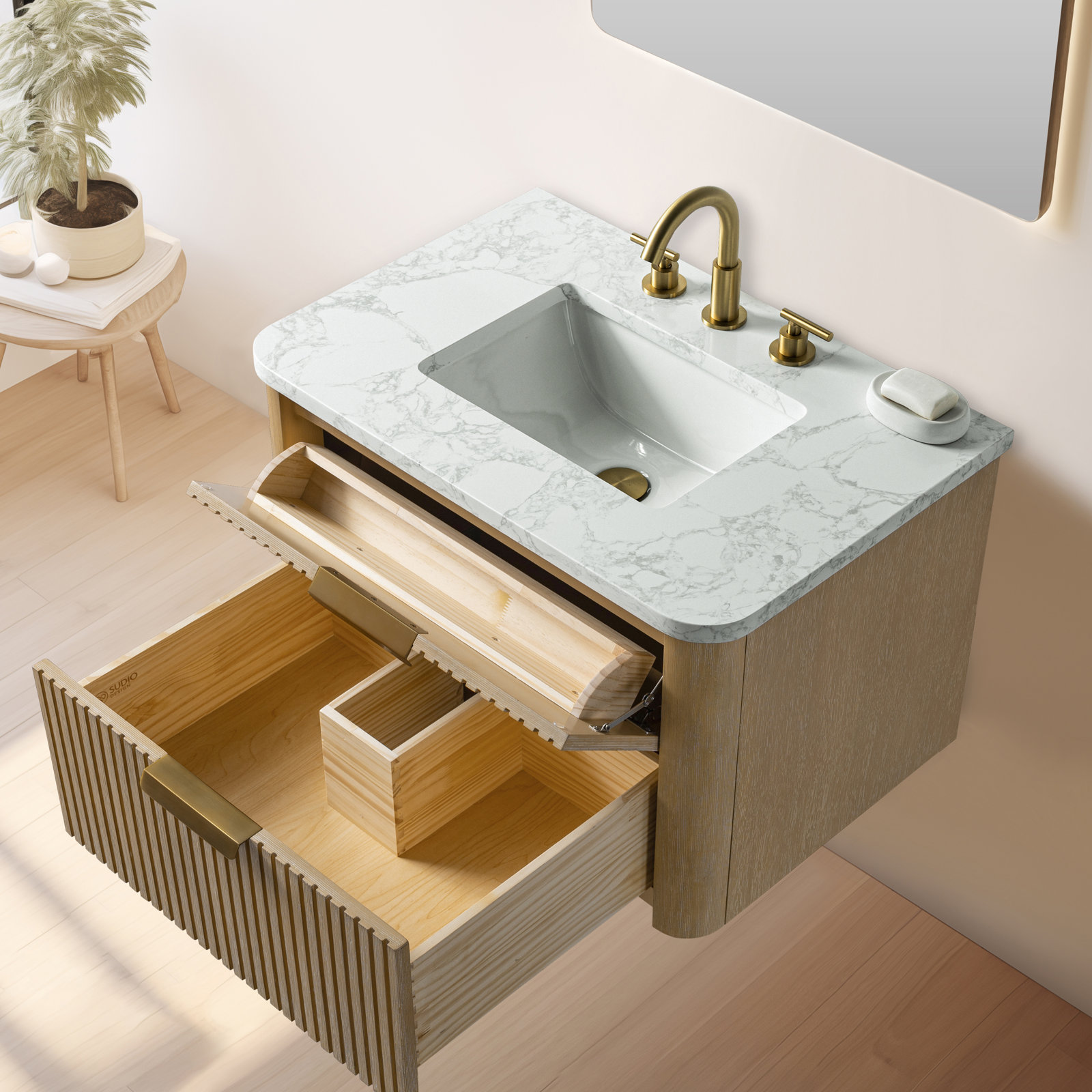 Liljan 30" Oak Single Bathroom Vanity, Classic Oak/Brushed Bronze