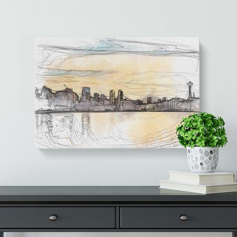 Reflection of the Seattle Skyline in Abstract - Wrapped Canvas Drawing - Wrapped Canvas, 35cm H x 50cm W x 3cm D