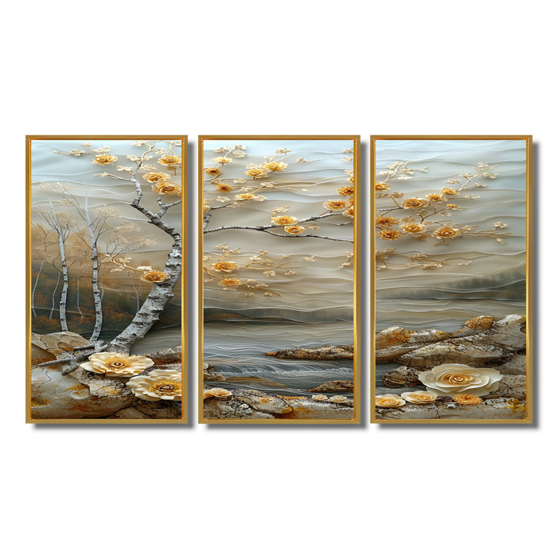 «Blossoming Birch By Silver River», ensemble d'art mural Birch, Cadre flottant doré, H 40 po x l 60 po x P 1 po