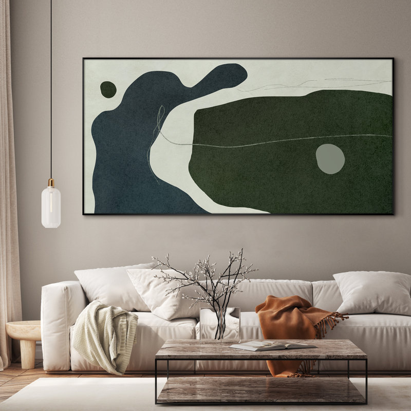 Très grand imprimé géométrique abstrait mural - œuvre d'art contemporaine verte pour le salon ou la chambre à coucher, assemblage de cadre requis
