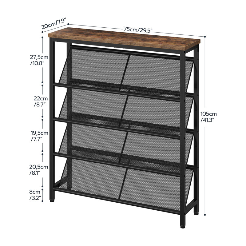 5-Tier Slanted Shoe Rack, Narrow Storage Shelf for Entryway, Rustic Brown/Black