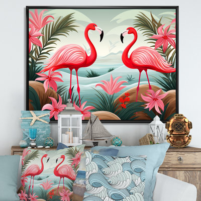 Flamant tropical dansant en rose et vert II - Art mural animal flamant rose