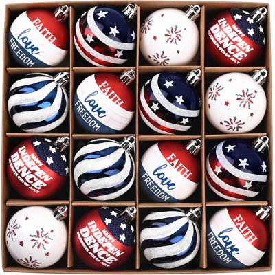  Patriotic Ornaments for 4th of July Tree Decorations, 16ct 2 Inches Red White Blue Shatterproof Americana Hanging Ball Ornaments for Labor Independence Day Christmas Memorial Day Decor