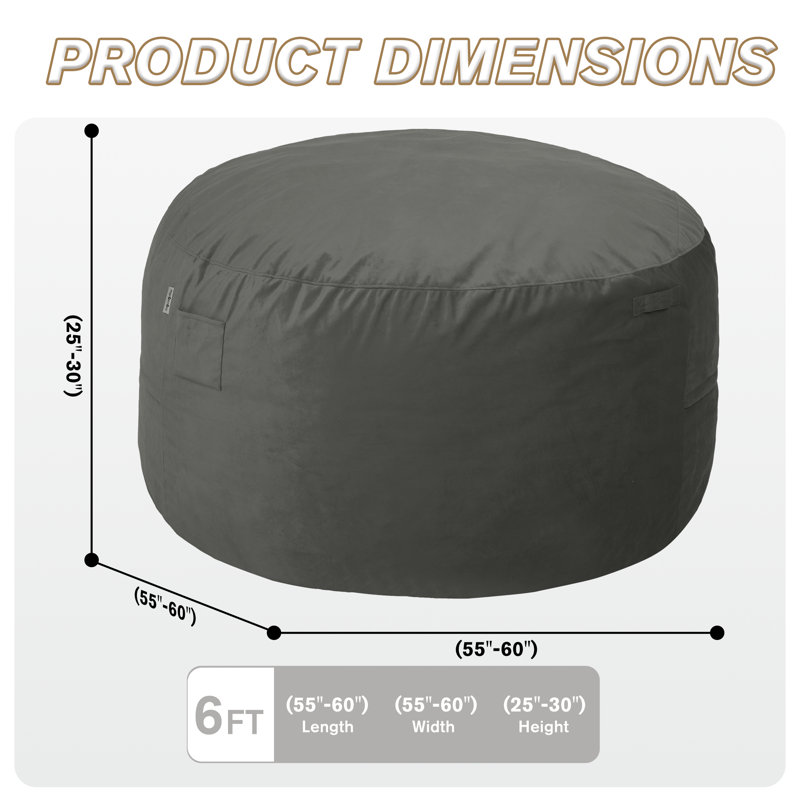Fauteuil à billes pré-rempli en mousse à mémoire de forme de 7 pi, Gris, H 30 po x l 60 po x P 60 po