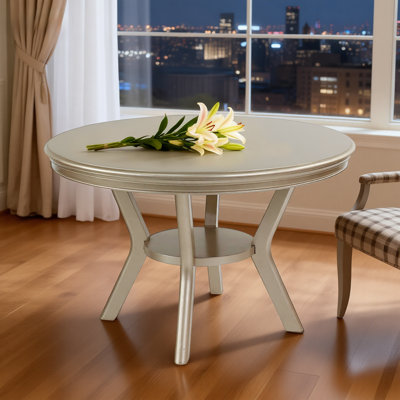 Dining Set Round Table, 48 Inch Italian Design Kitchen Table With Carved Accents, Seats 4, Silver Hue