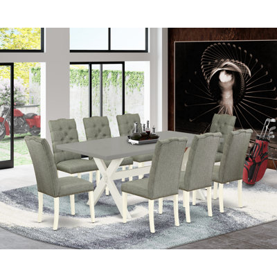 9 Piece Dining Set Includes a Rectangle Dining Room Table with X-Legs and 8 Gray Linen Fabric Upholstered Parson Chairs, Linen White
