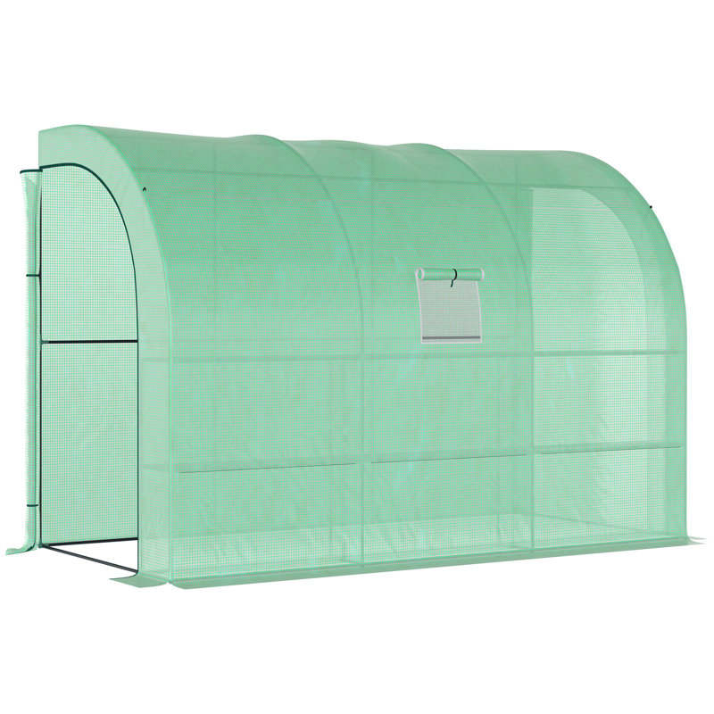 Outsunny Lean To Greenhouse, Walk-In Green House, Plant Nursery With 2 Roll-Up Doors And Windows, Pe Cover And 3 Wire Shelves