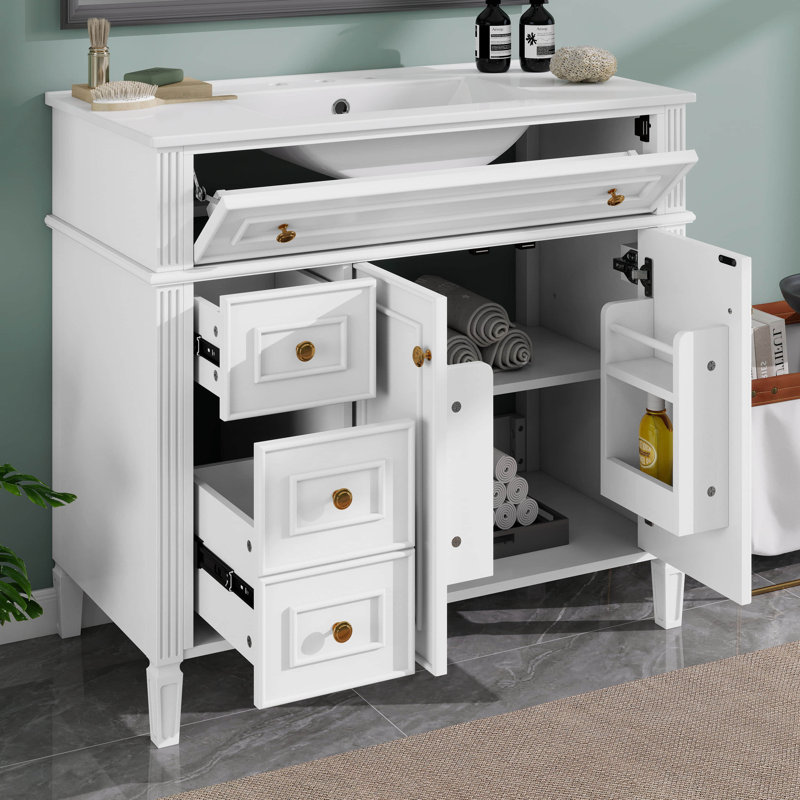 Meuble-lavabo en bois 36 po avec lavabo, ensemble de meuble-lavabo autoportant avec tiroir basculant, 3 tiroirs et 2 portes