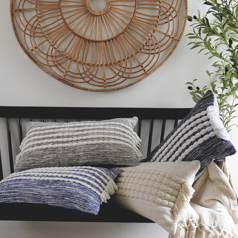 Navy and Off-White Cotton Lumbar Pillow with Tassels
