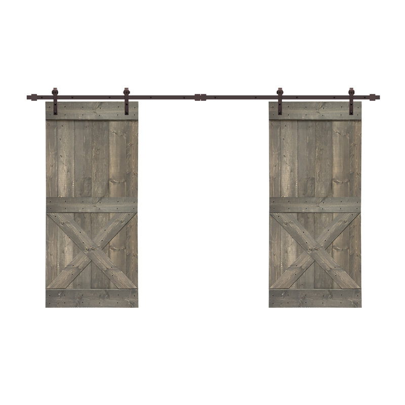 Porte de grange double à panneaux en bois et en métal avec trousse de quincaillerie d'installation Mini X Series, Gris patiné