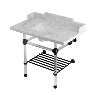 Kingston Brass Pemberton 36-Inch Carrara Marble Console Sink with Acrylic Legs and Shelf (8-Inch, 3-Hole)