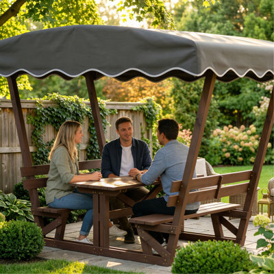 Pavillon de jardin en bois 5 pi x 3 pi pour patio, abri d'extérieur avec plateau Oxford imperméable, banc avec dossier, plateau de table respirant et cadre résistant à la rouille, pour terrasse Park Beach, brun