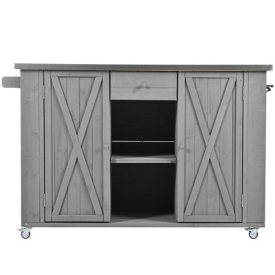Outdoor Kitchen Island, Grey - Made Of Fir Wood And Stainless Steel, Foldable Workspace, Spacious Storage, Towel & Spice , Bottle Opener, Lockable Wheels For Versatility Island In Structure, Steel