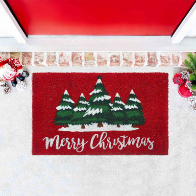  Home Red Merry Christmas Trees Outdoor Coir Doormat, 18" x 30"