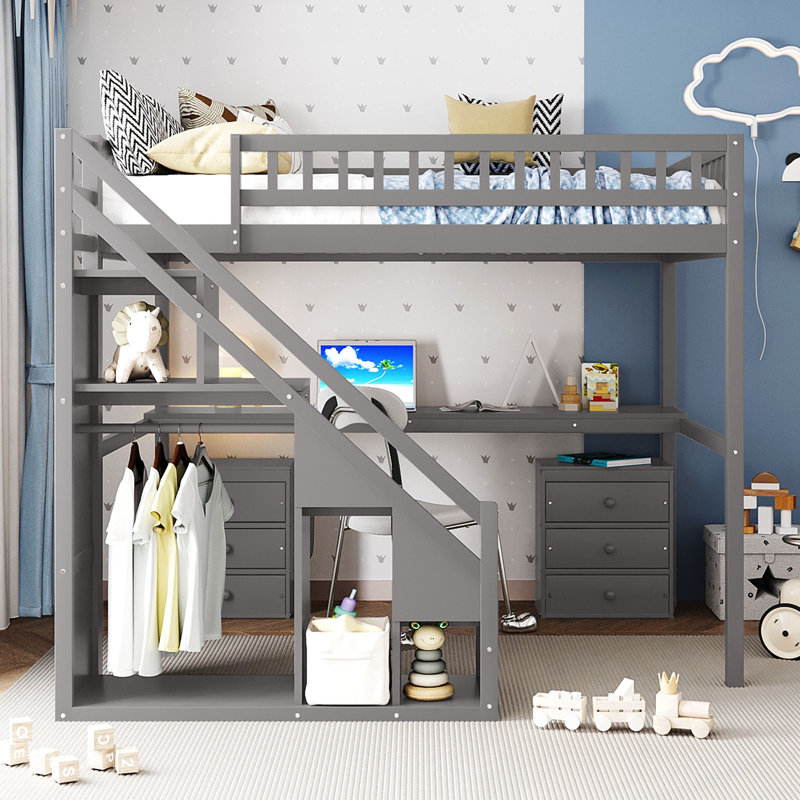 Lit mezzanine double avec deux tiroirs, Gris