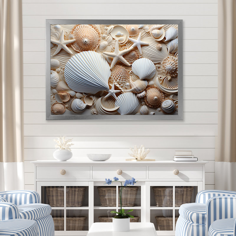 Photographie de coquillage blanc minimal III sur toile, Cadre simple argenté, H 34 po x l 44 po x P 1,5 po