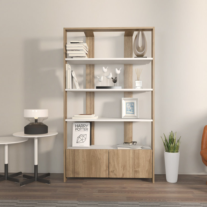 Modern Bookshelf with White and Walnut Finish, 36.9 x 63.0 x 12.4 inches | 100% Melamine Coated Particle Board, Thickness: 0.7 inches | Stylish Storage Solution for Home or Office, Durable & Elegant Design