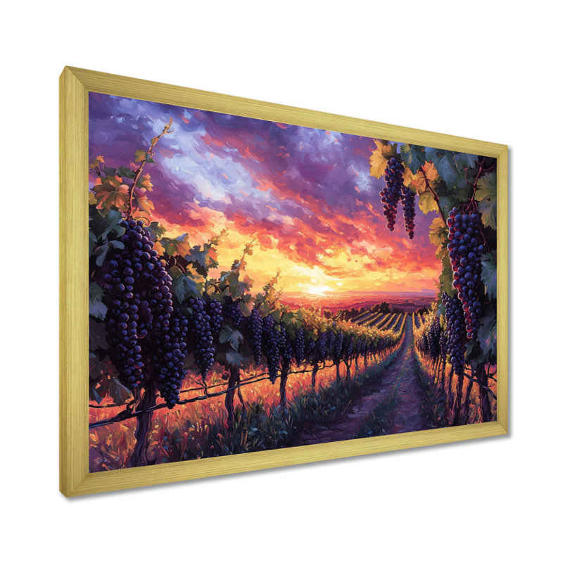 Vineyard at California Sunset I - vignoble, art mural, H 12 po x l 20 po, Cadre simple, Doré