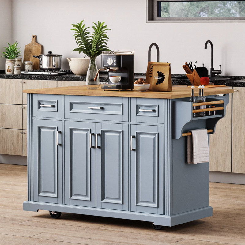 54" Black Farmhouse Kitchen Island with Drop Leaf, 4 Doors & 3 Drawers, Rubber Wood Top, Wheels, Grey+Blue
