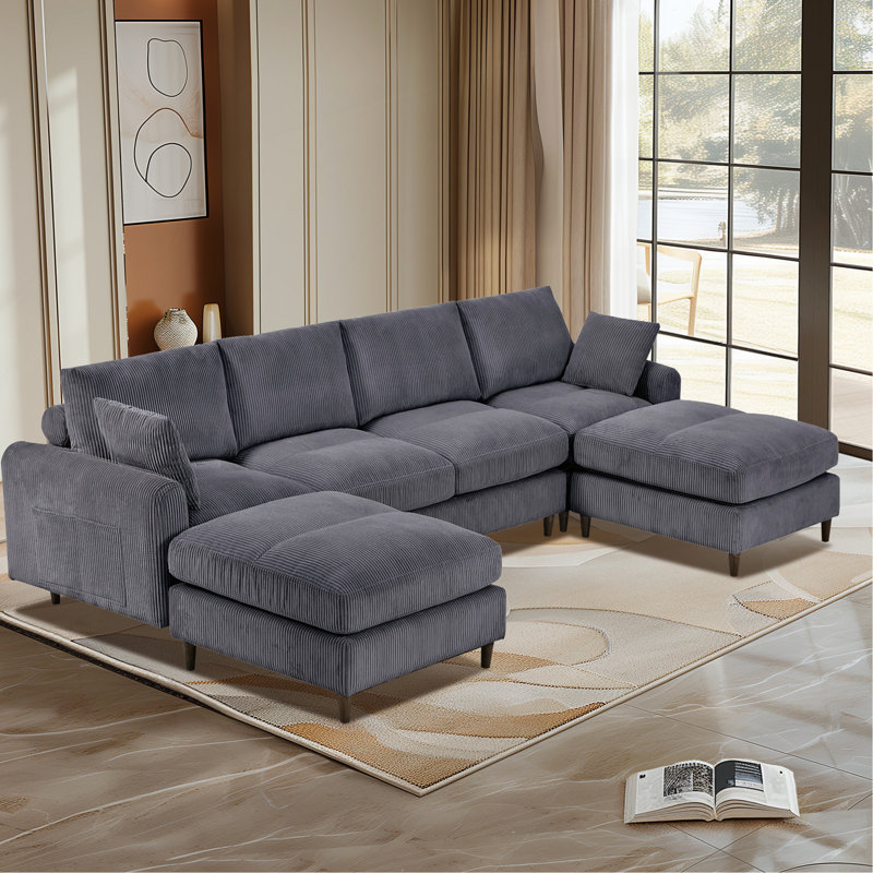 Canapé modulaire moderne en velours côtelé, ensemble de canapé en L convertible en forme de U avec coussin, canapé modulaire surdimensionné avec repose-pieds, convient au salon, au grenier, à un appartement, au bureau, 6 sièges