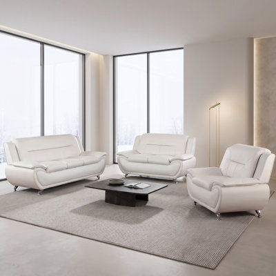 3-Piece White Modern Leather Sofa Set，Solid Wood Frame High-Density Memory Foam，110°-115° Adjustable Backrest